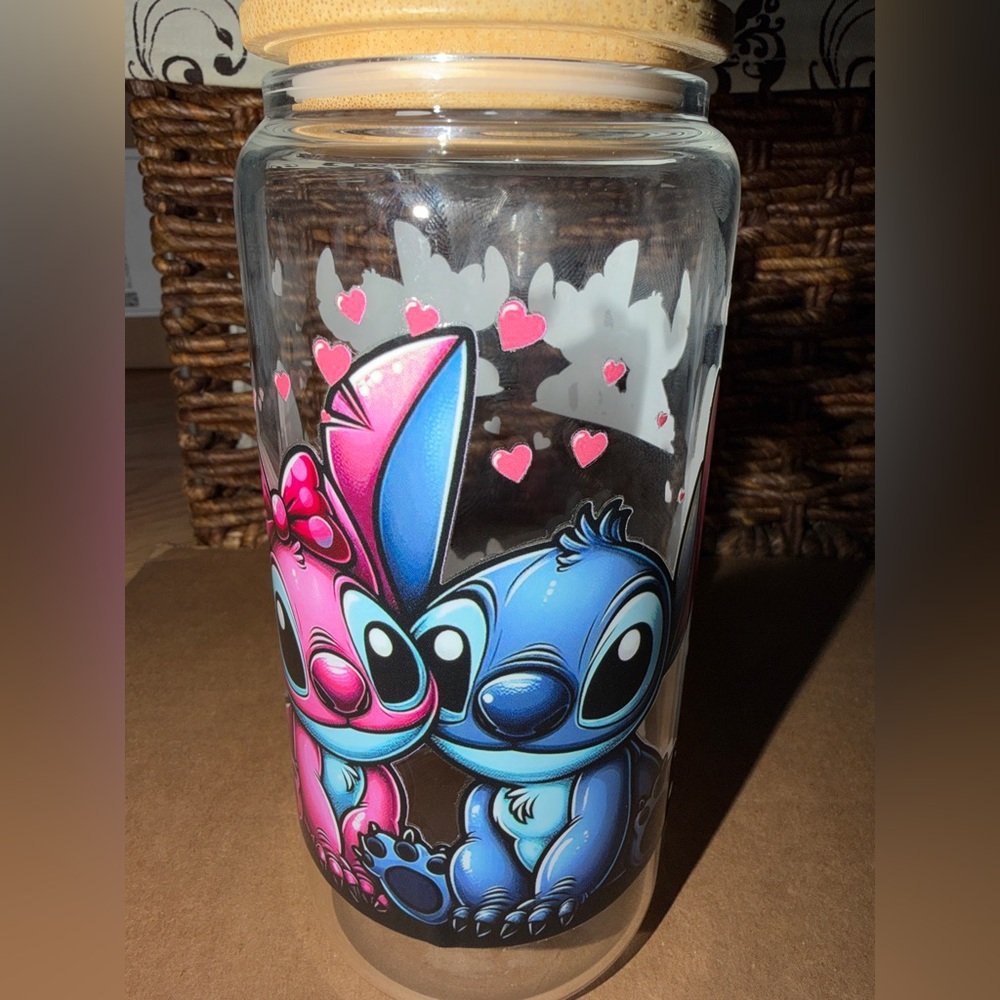 Cute Stitch & Angel 20oz Glass Tumbler